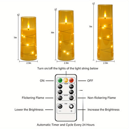 Flameless Battery-Powered Column Candle - 7 LED Acrylic Flashing Candle with Remote Control, Embedded Star String for Halloween and Christmas Decoration