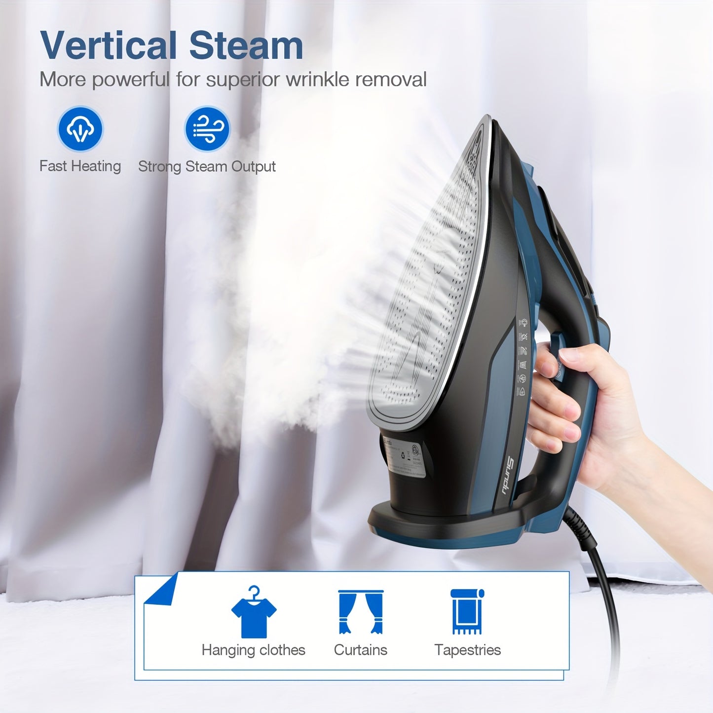 1700W Steam Iron with Rapid Heating - Ceramic Coated Soleplate, Precise Thermostat Dial, Self-Cleaning, Auto-Off, 15.21oz Water Tank - Blue
