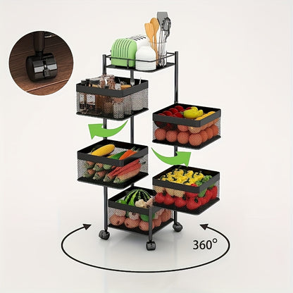 5 Tier Rotating Kitchen Storage Shelf - Metal Fruit and Vegetable Basket Rack on Wheels, Floor-Standing Multi-Layer Storage Trolley for Kitchen and Bathroom