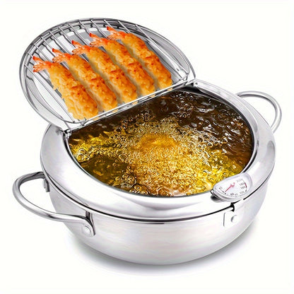 304 Stainless Steel Tempura Fryer Pot – 2.2L, Non-Stick, with Thermometer & Lid for Chicken & Tempura