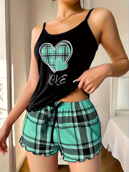 Women's Plaid Heart Print Pajama Set – Frill Trim Cami Top & Shorts – Round Neck Backless – Comfortable Relaxed Fit for Summer Nightwear