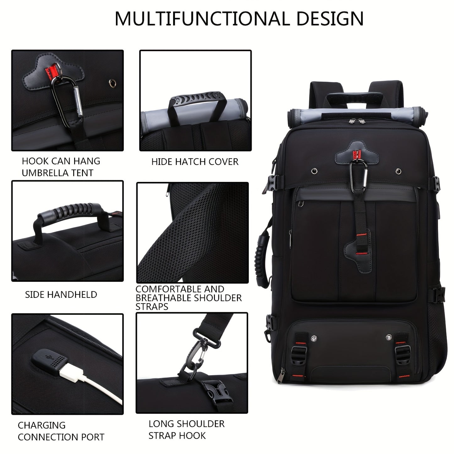 50L Spacious Hiking Travel Backpack - Multi-Functional, Water-Resistant, with Shoe Compartment, Laptop Sleeve, Ventilated Ergonomic Design - Ideal for Outdoor Camping, Sports and Adventures