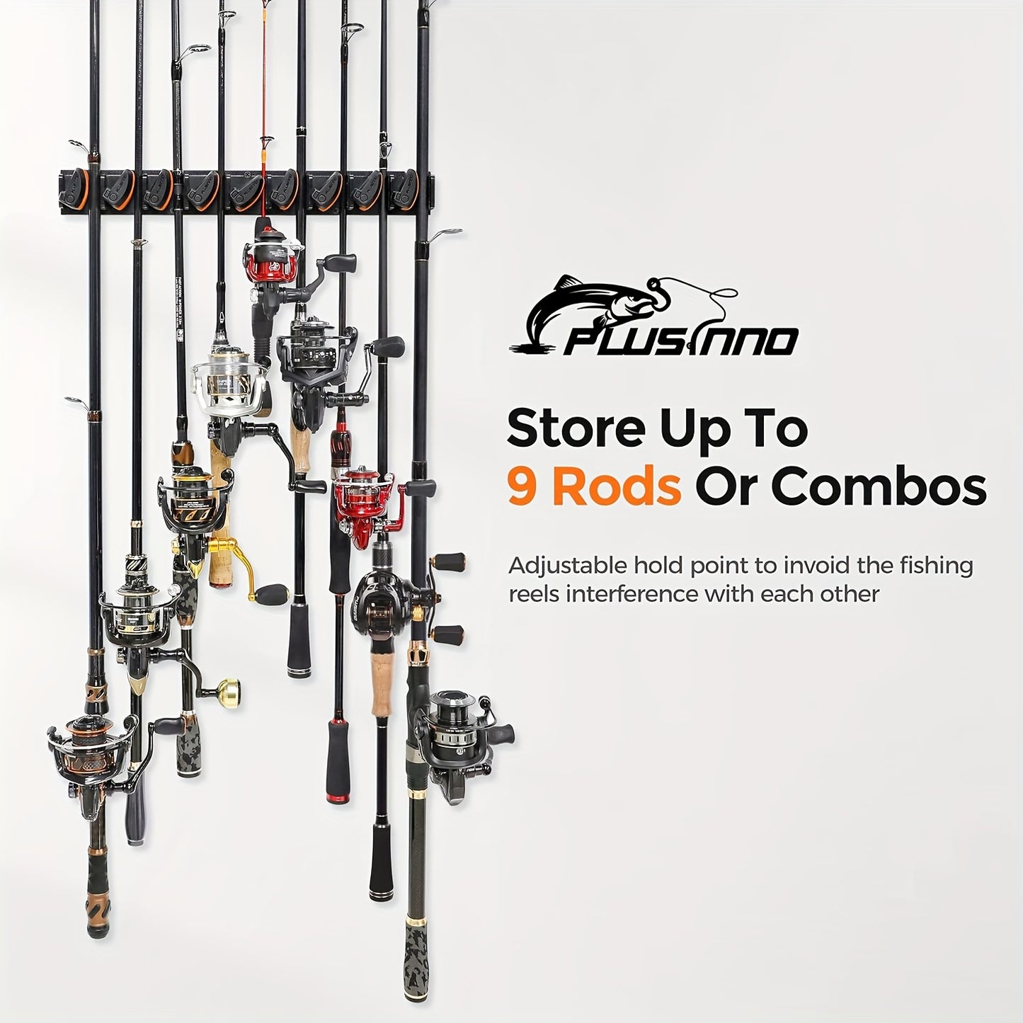 4 Pack PLUSINNO V9 Vertical Wall-Mounted Fishing Rod Holders – Heavy-Duty Aluminum, Holds Up to 36 Rods or Combos, Varnished Finish, Easy Installation, Fits Rods 3-19mm