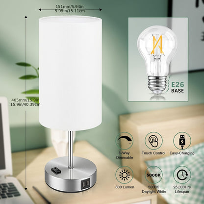 Set of 2 Touch Control Table Lamps with USB Ports and AC Outlet – 3 Way Dimmable Bedside Lamps with White Fabric Shade for Bedroom and Living Room, A19 LED Bulbs Included