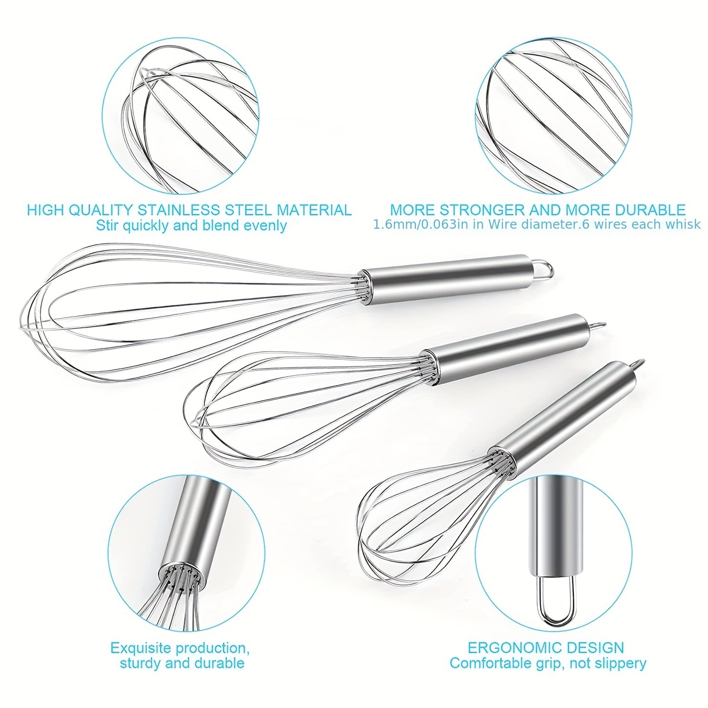 3pcs Stainless Steel Egg Whisk Set - 3 Sizes for Cooking, Baking, and Kitchen Use