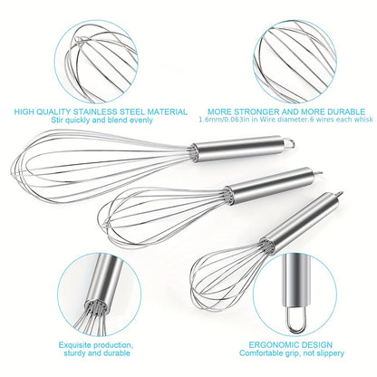 3pcs Stainless Steel Egg Whisk Set - 3 Sizes for Cooking, Baking, and Kitchen Use
