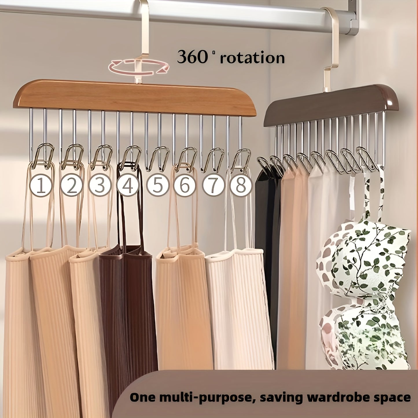 Bra Hanger for Closet – 3-Pack Tank Top Hanger with 8 Hooks, Space-Saving Wooden Organizer for Bras, Camisoles, Swimsuits & Dresses, 360° Rotating, Dorm & Apartment Storage