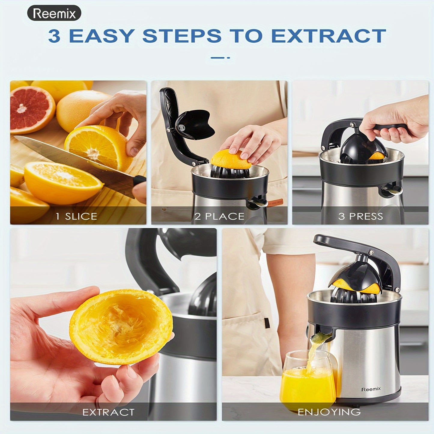Electric Citrus Juicer Squeezer – Brushed Stainless Steel with Two Interchangeable Cones for Orange, Lemon, and Grapefruit, Easy to Clean and Use ( ABS+Stainless Steel )