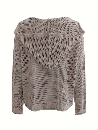 Solid Color Hooded Pullover Sweater – Casual Long Sleeve Cut-Out Knitted Sweater for Spring and Summer – Women's Clothing