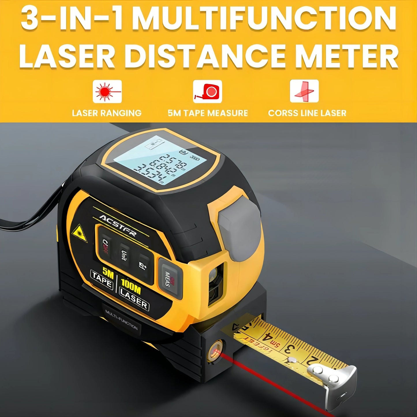3 in 1 Laser Tape Measure - High-Accuracy Digital Distance Meter, Steel Tape & Level - Precision Rangefinder for Quick and Accurate Measurements