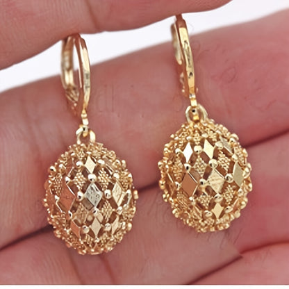 Vintage Metal Hand-Engraved Pattern Hoop Earrings - Classic Women's Gold-Plated Hook Drop Earrings