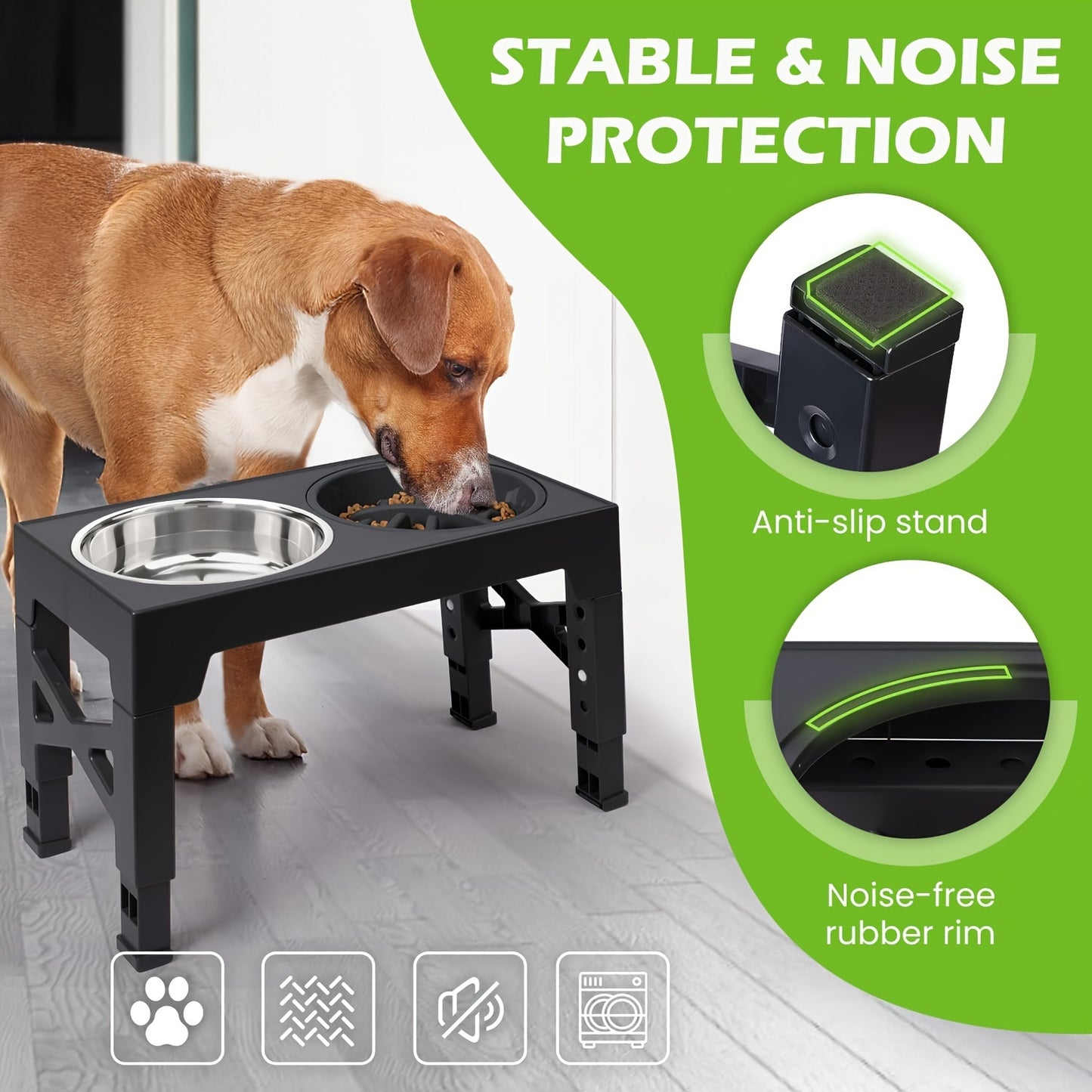 Elevated Dog Bowls with 5 Adjustable Heights – Raised Stand with 2 Stainless Steel Bowls and 1 Slow Feeder, Adjusts from 3.2" to 12.2" for Small, Medium, and Large Dogs