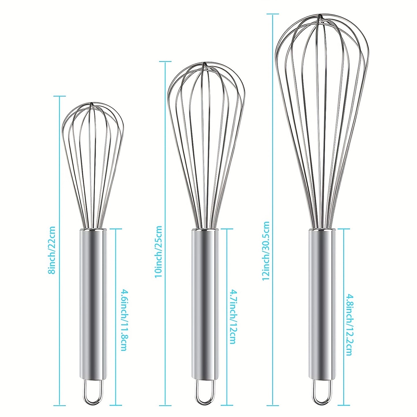 3pcs Stainless Steel Egg Whisk Set - 3 Sizes for Cooking, Baking, and Kitchen Use