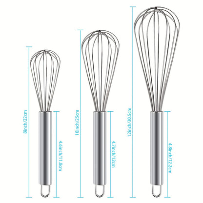 3pcs Stainless Steel Egg Whisk Set - 3 Sizes for Cooking, Baking, and Kitchen Use