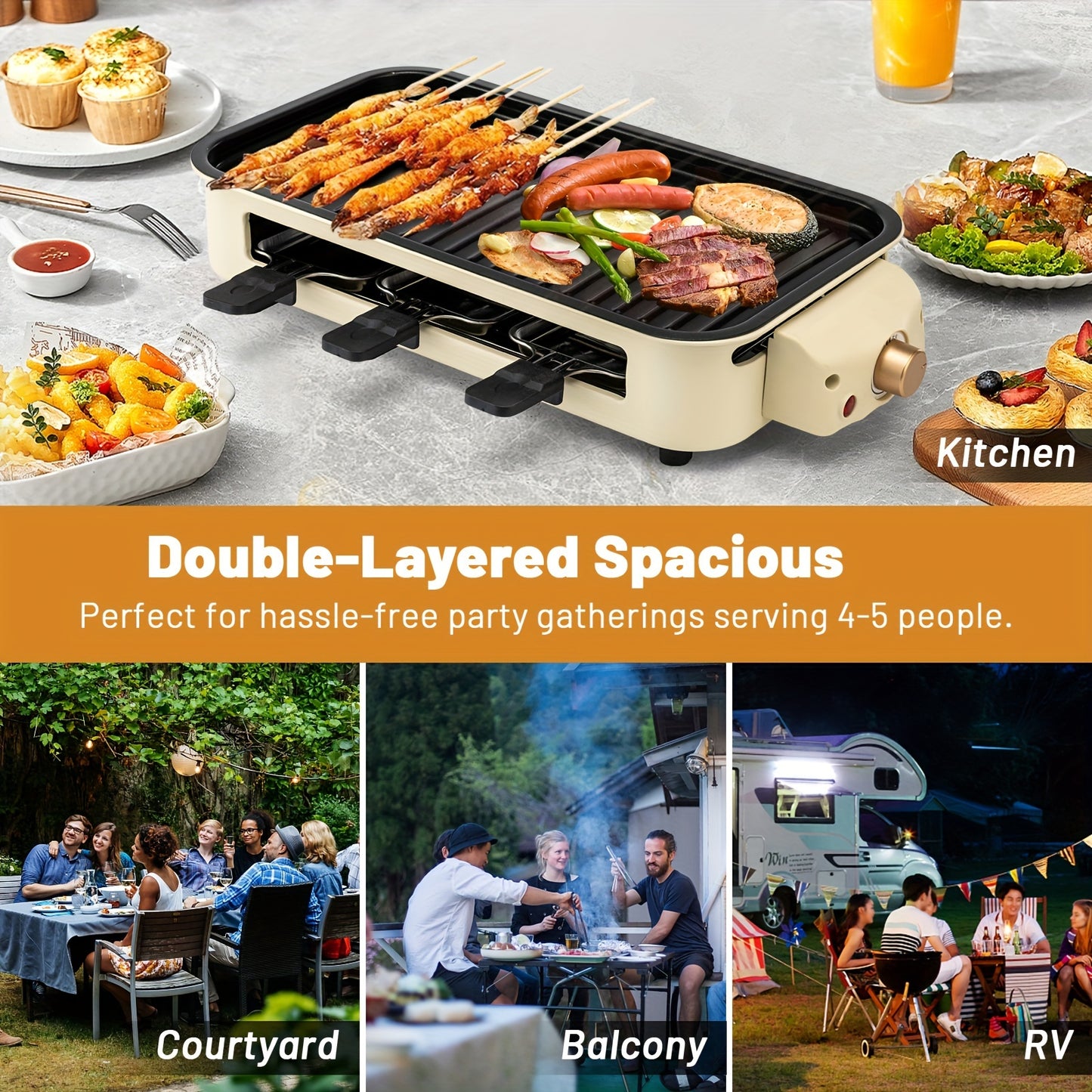 1500W SUSTEAS Smokeless Electric Indoor Grill – 2-in-1 with Non-Stick Removable Plate, Temperature Control, Dishwasher Safe – Healthy, Space-Saving Design