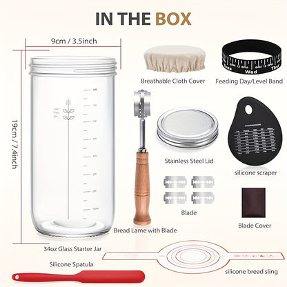 Sourdough Starter Kit - 34 Oz Large Glass Jar with Wide Mouth, Date Marked Feeding Strap - Reusable Bread Baking Supplies