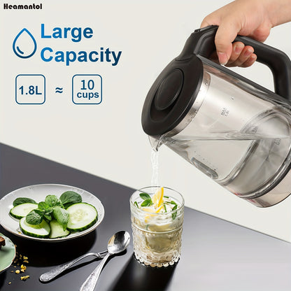 1.8L Electric Tea Kettle – Borosilicate Glass, Auto Shut Off, LED Indicator, BPA-Free for Coffee & Tea