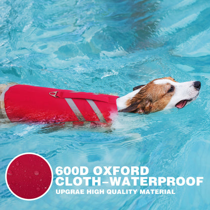 Water Safety Dog Life Jacket – Reflective and Adjustable Pet Flotation Vest with Handle and D-Ring, Polyester, Snap Button/Hook and Loop Closure – Hand Wash Only, for Small to Large Breeds