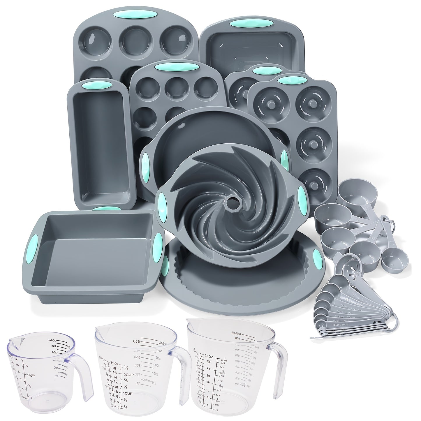 45pcs Silicone Baking Set - Nonstick Bakeware for Cookies, Cakes, Muffins, Bread, Pizza, Mini Cupcakes, Bundt, Charlotte Cake Pan, Includes Measuring Cups & Spoons, Baking Tools