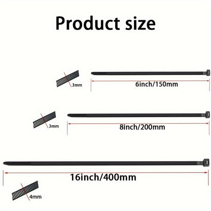 300pcs Heavy-Duty Nylon Cable Ties Set - Assorted Sizes 16"/8"/6", UV Resistant, Self-Locking, High Tensile Strength - Black Zip Ties for Home, Office, Industrial Cable Management