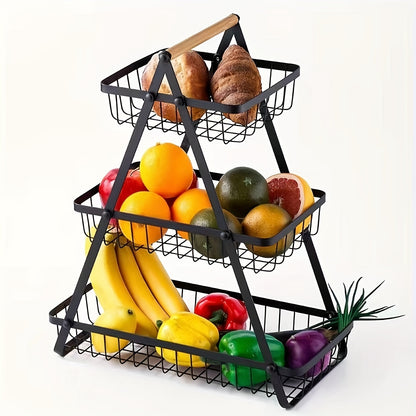 Countertop Fruit and Vegetable Basket – Removable Bowl Storage with Wooden Handle – Kitchen Preservation Holder and Accessories