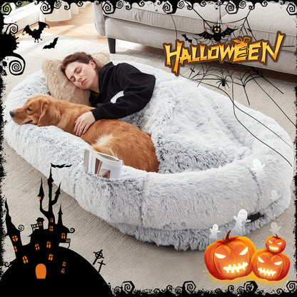 Human Dog Bed - 71''x45''x12'' Washable Faux Fur Bed for People & Pets, Orthopedic Napping Pillow with Blanket and Strap, Grey