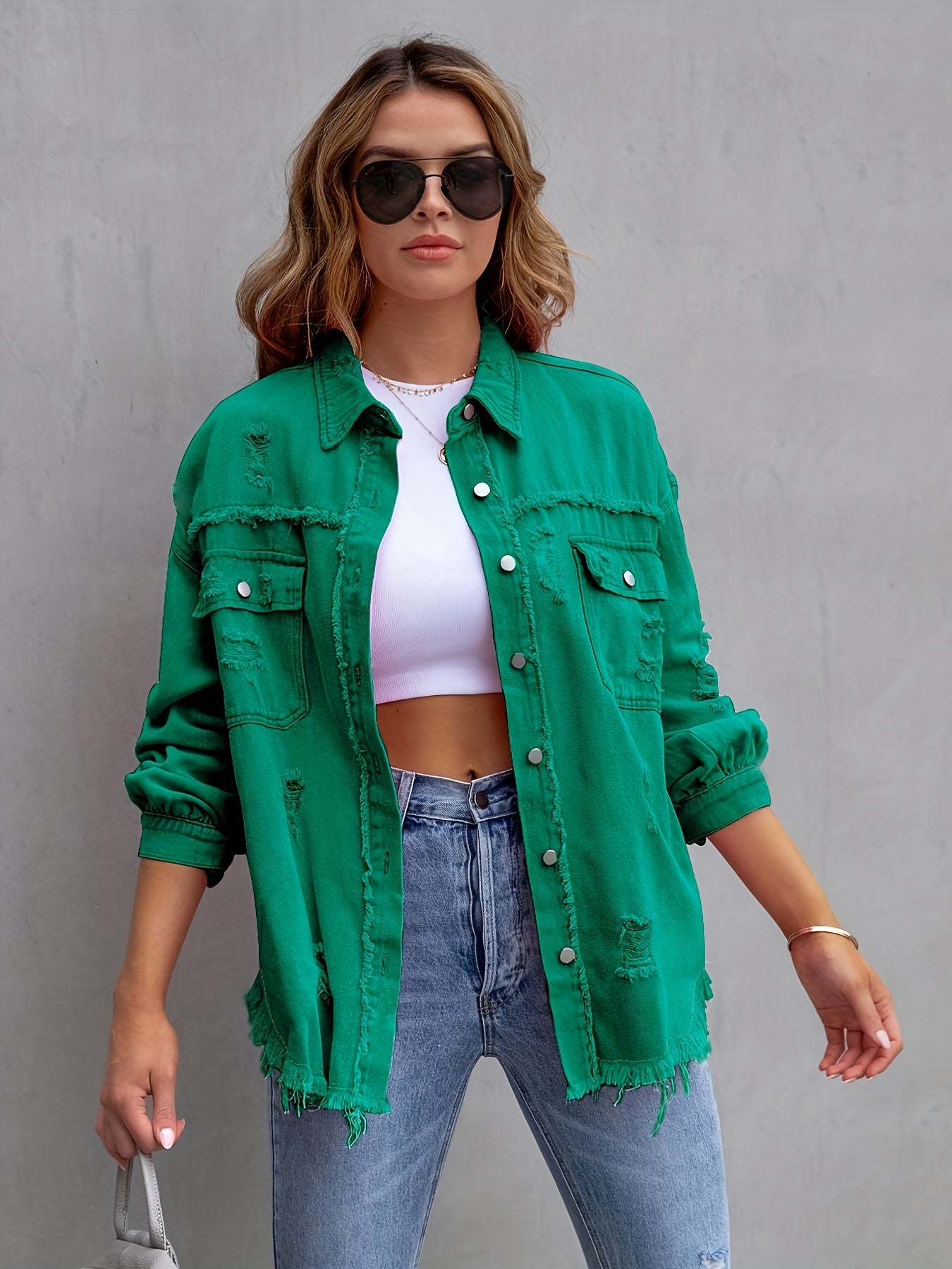 Women's Plus-Size Denim Blazer with Distressed Holes
