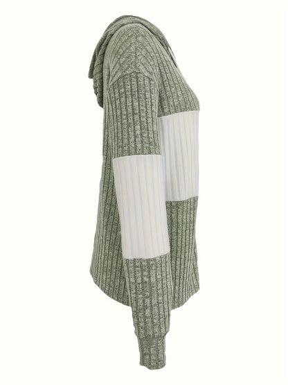Color Block Zip-Up Drawstring Hoodie – Casual Long Sleeve Rib Knit Sweatshirt for Women