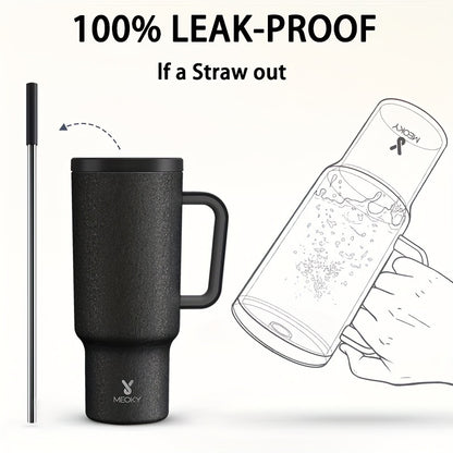 Meoky 40oz Stainless Steel Travel Mug – Insulated Handle Mug with Leakproof Lid and Straw, Ideal for Outdoor Camping, Hiking, and Car Travel - Covered Thermos.