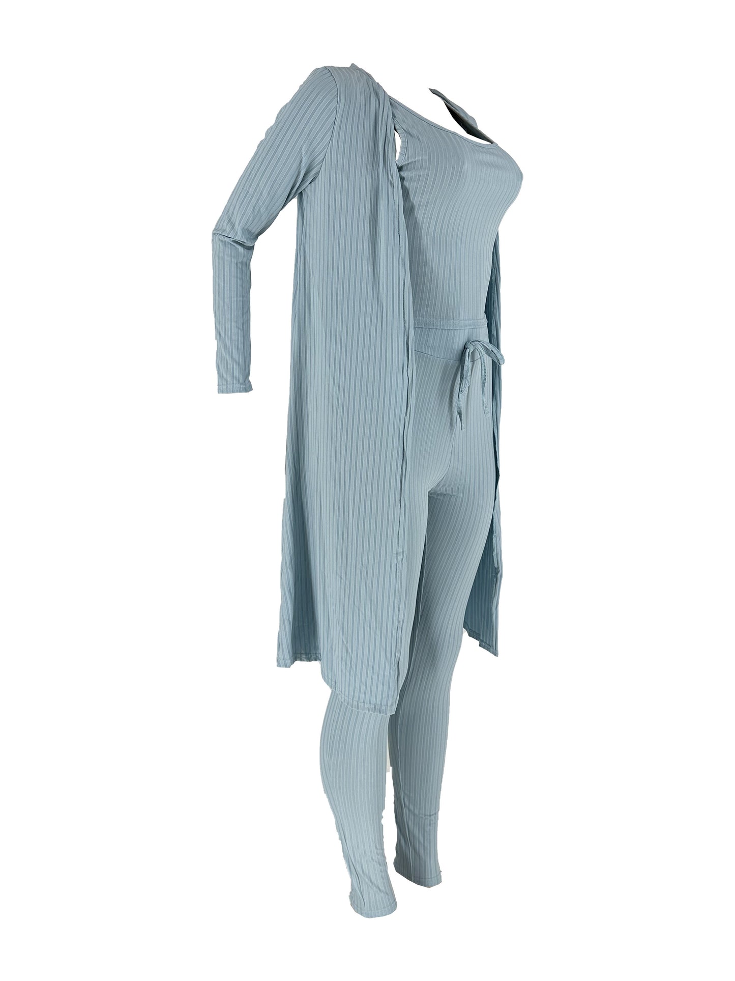 Women's Ribbed Solid Three-Piece Set - Open Front Long Sleeve Cardigan, Tank Top, and Lace-Up Pants Outfit