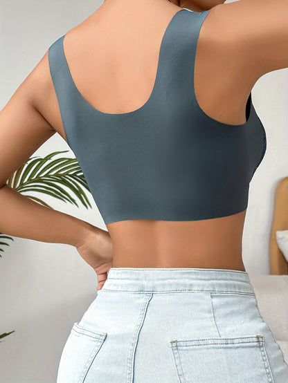Simple Solid Contrast Lace Front Buckle Bra – Comfy, Breathable Wireless Push-Up Bra – Women’s Lingerie and Underwear
