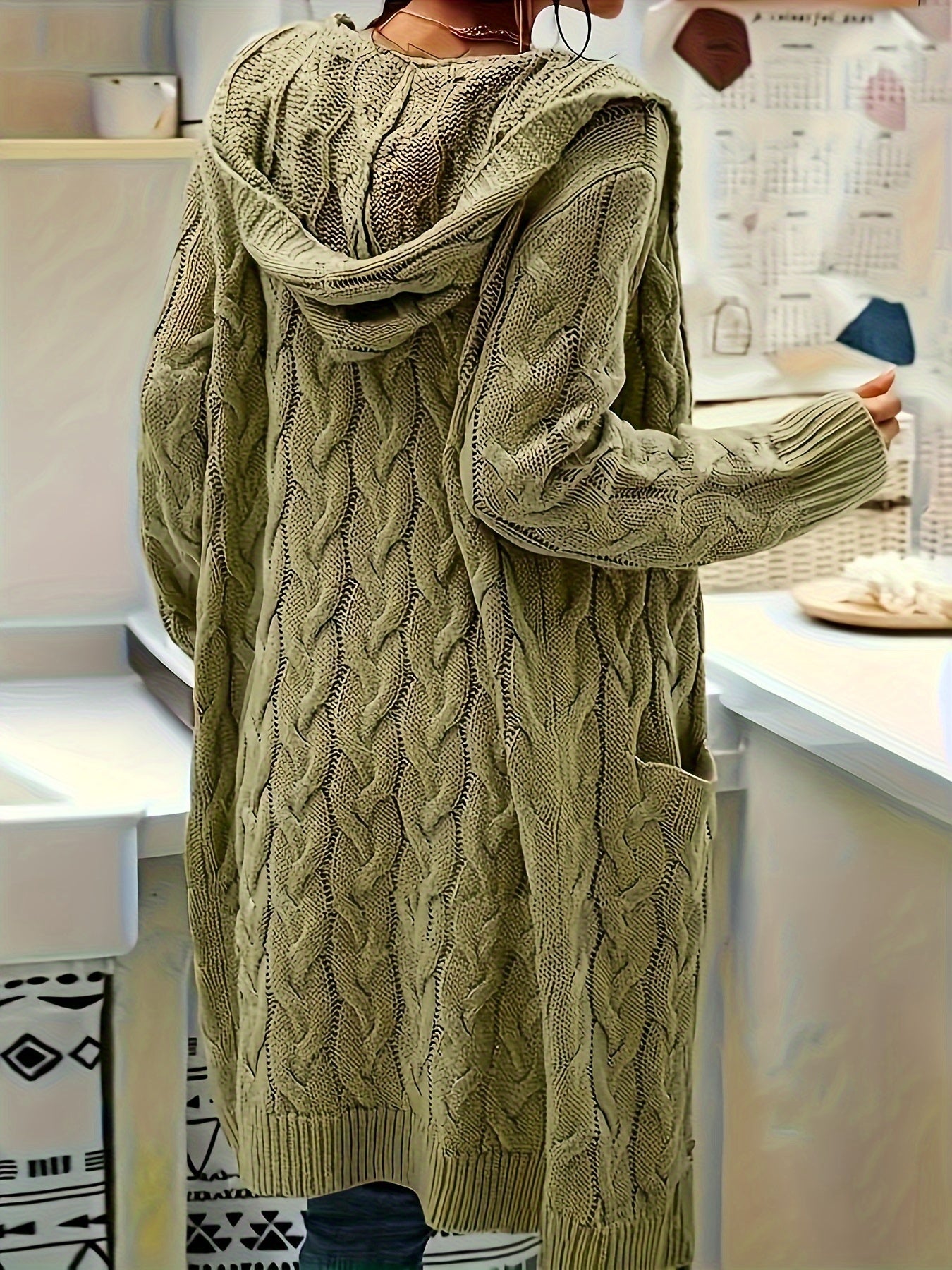 Plus Size Women's Casual Cardigan - Solid Cable Knit Long Sleeve Open Front Hooded Cardigan with Pockets