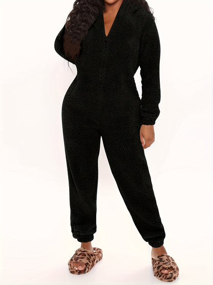 Fuzzy Hooded Pajama Jumpsuit for Music Festivals – Comfy and Cute Long Sleeve Zipper Pajamas – Women's Lingerie and Sleepwear