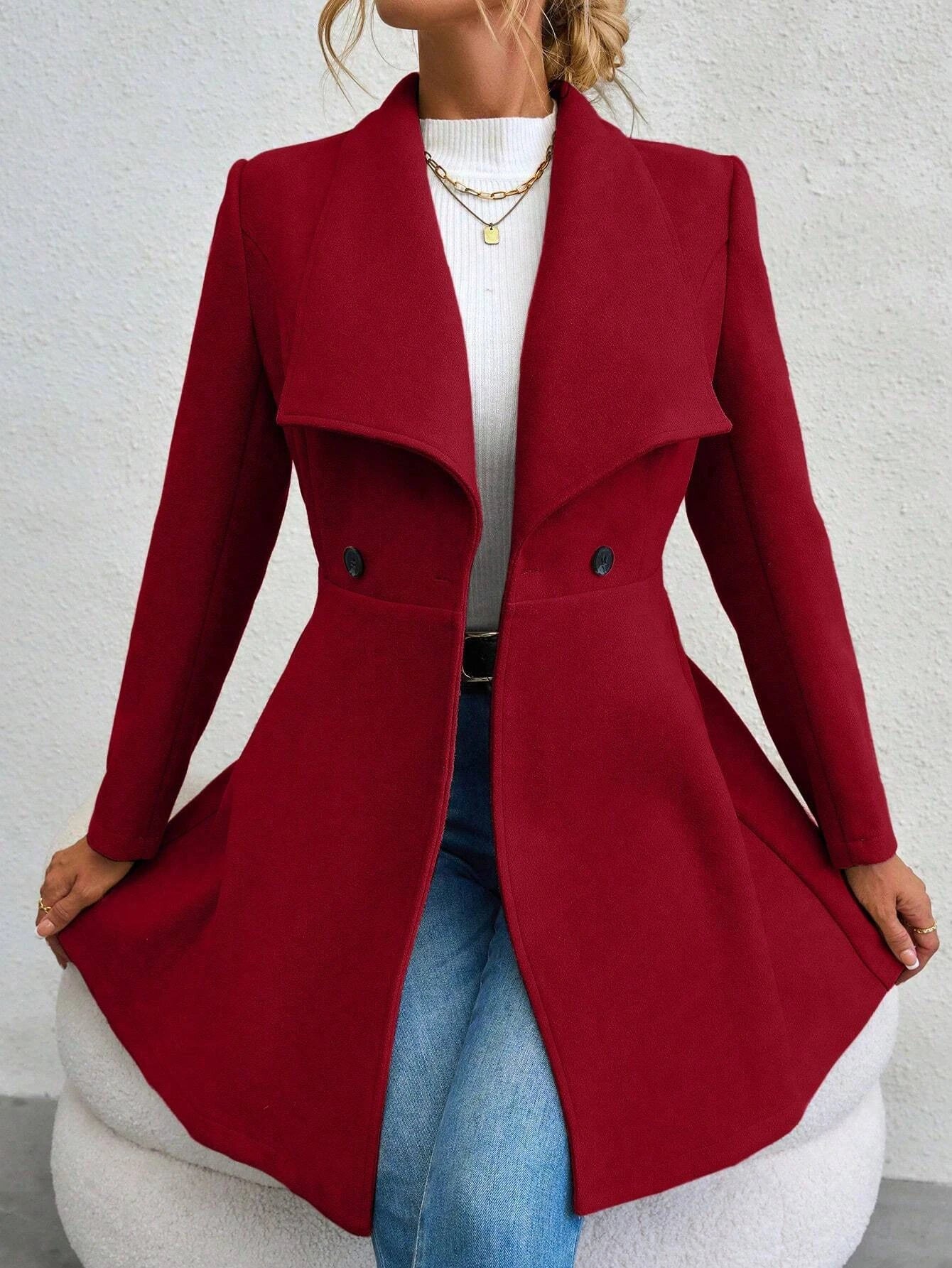 Mia Muse Women's Red Winter Coat – Long Sleeve Lapel Button-Up Work Outerwear for New Year & Valentine's Day Gift