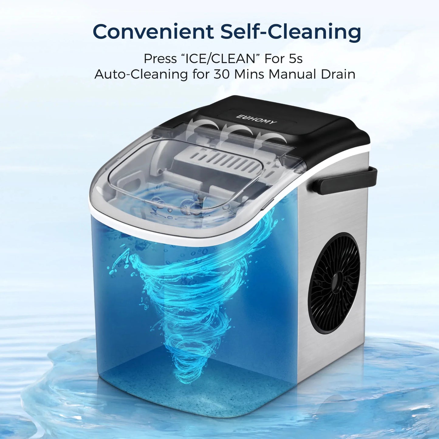 Euhomy Countertop Ice Maker – 26LBS/24H, 9 Cubes in 6 Mins, Auto-Cleaning Portable Ice Machine with Handle, Silver
