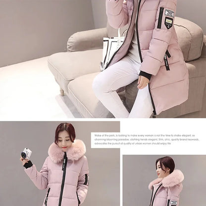 Women's Winter Parka – Fur Collar Hooded Long Jacket, Slim Fit, Warm & Thick with Letter Patch & Zipper Pockets