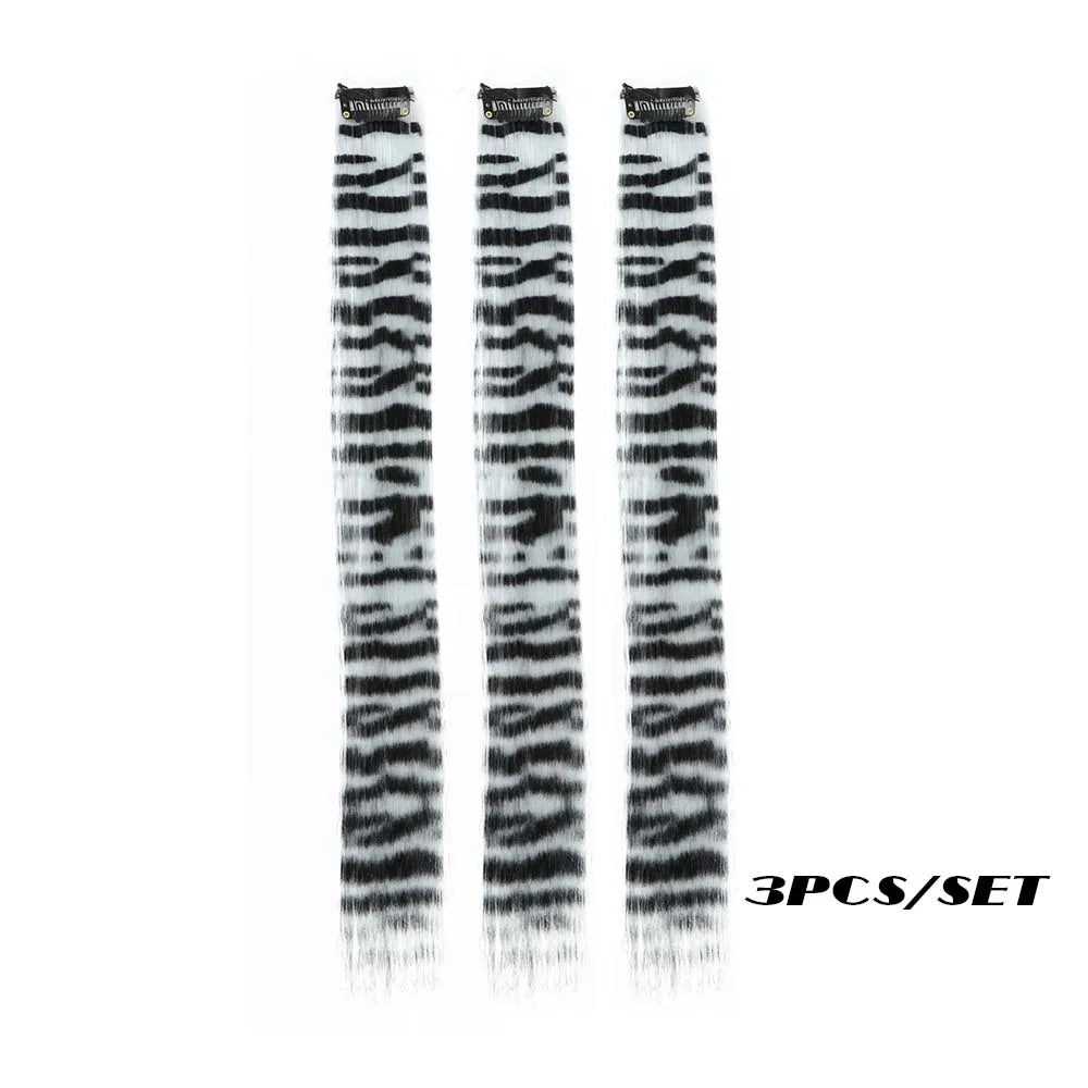 3-Piece Colorful Stripe Hair Extensions - Long Straight Synthetic Clip-In Hair Pieces for Parties & Halloween