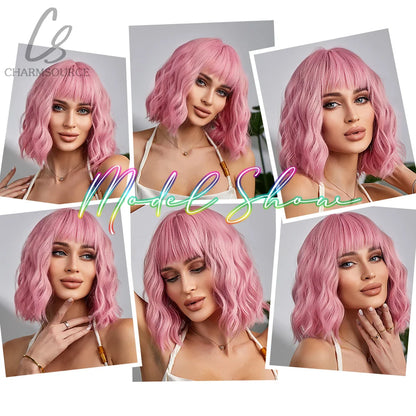 CharmSource Pink BOBO Short Synthetic Wig for Women — Natural Wave, High-Density, Heat-Resistant Hair for Daily & Party
