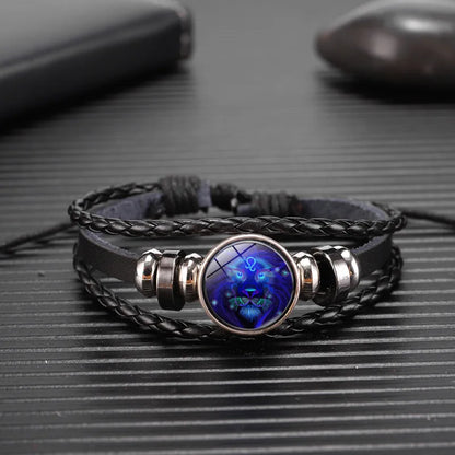 12 Zodiac Signs Constellation Charm Bracelet - Luminous Multilayer Weave Leather Bangle for Men & Women, Birthday Gift