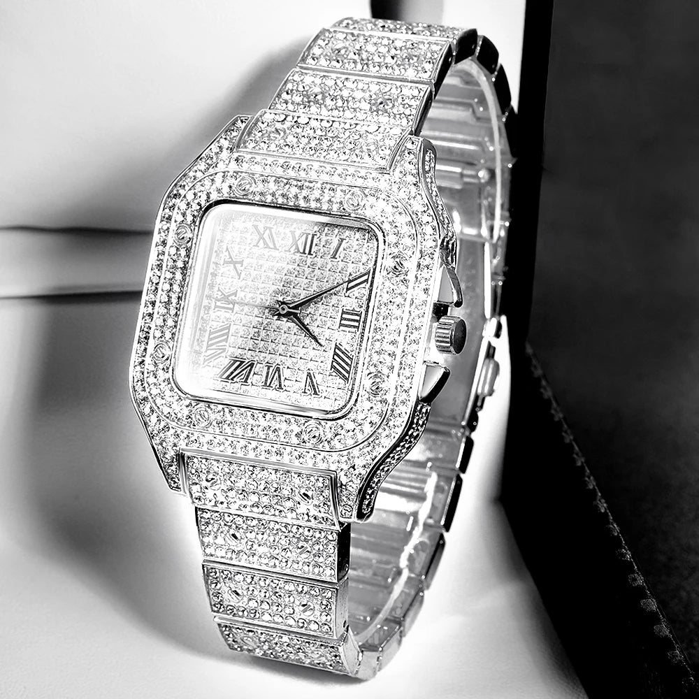 Gold Color Cuban Chain Watch for Men - Hip Hop Miami Curb, Iced Out Rhinestones, Bling Rapper Necklace, Watch & Bracelet Jewelry