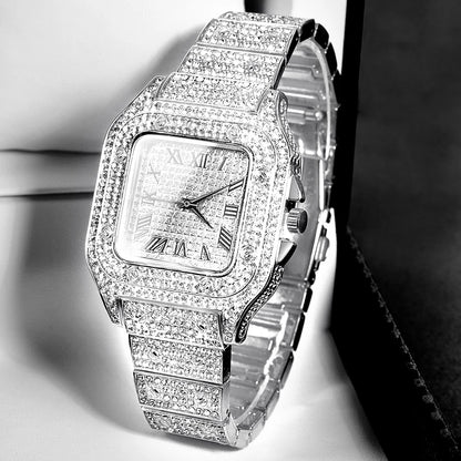 Gold Color Cuban Chain Watch for Men - Hip Hop Miami Curb, Iced Out Rhinestones, Bling Rapper Necklace, Watch & Bracelet Jewelry