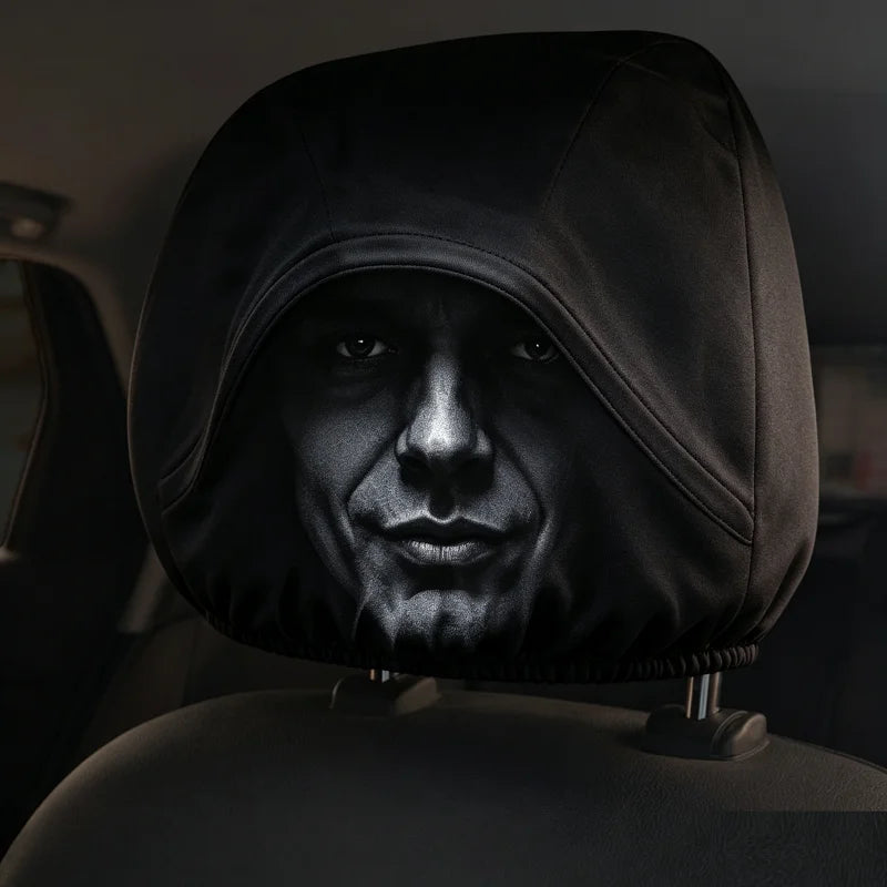 2-Piece Black Hooded Figure Car Headrest Covers - 2D Street Style Universal Headrest Protectors for Cars and SUVs