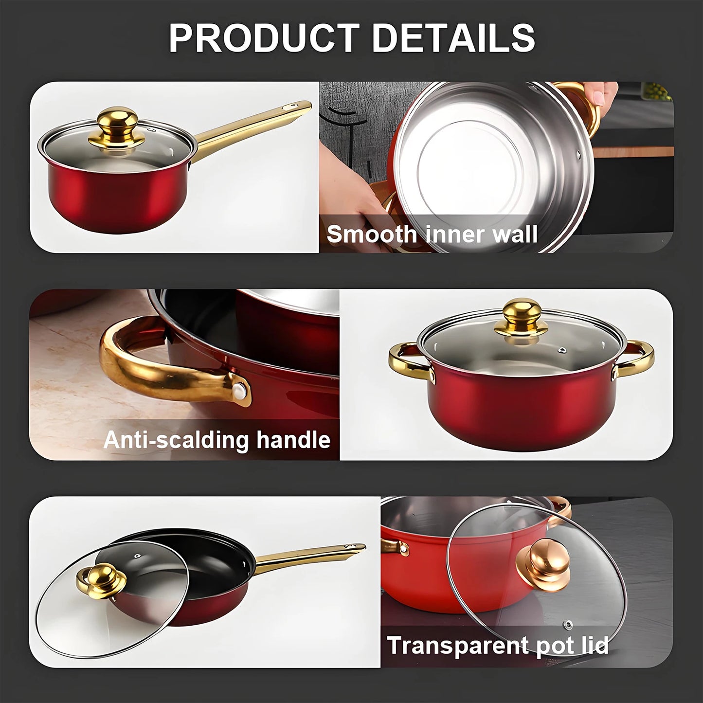 12-Piece Red Cookware Set – Stainless Steel Non-Stick Kitchen Cookware Collection