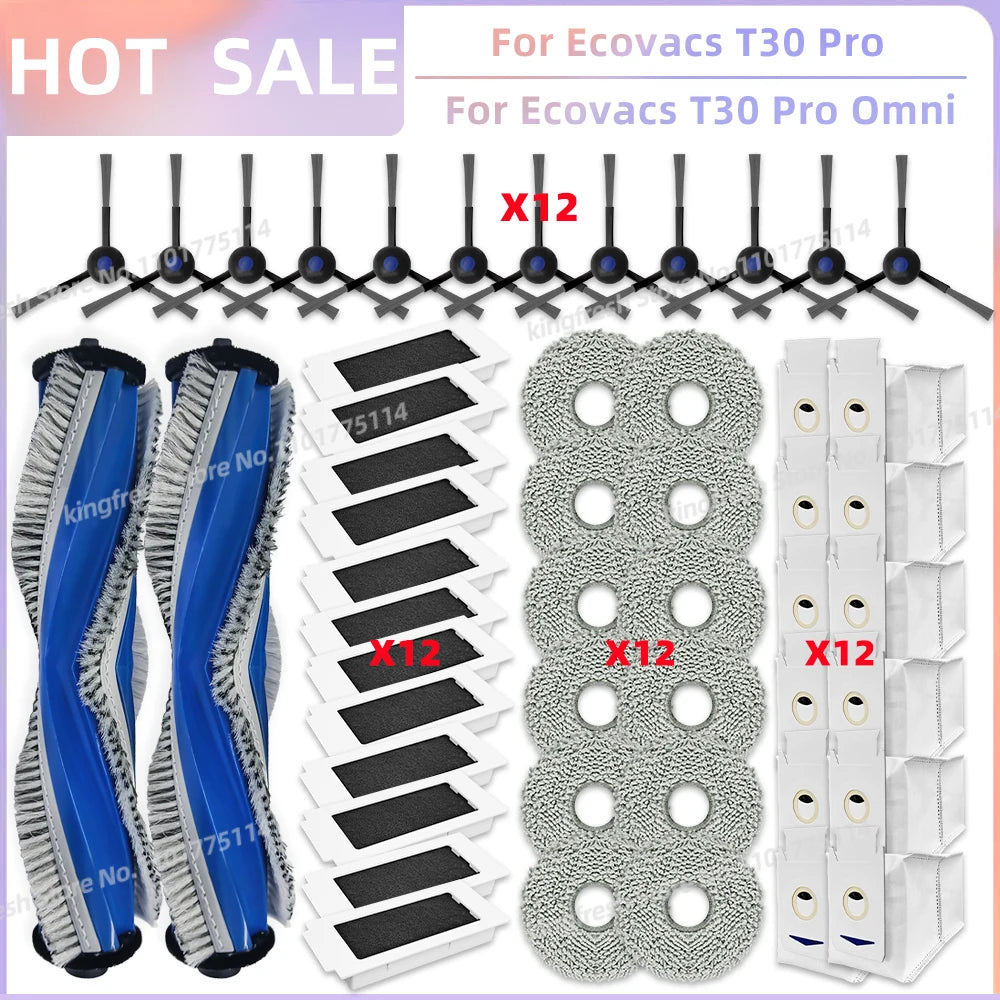 Replacement Parts for Ecovacs T30 Pro Omni & YEEDI M12 Ultra Plus – Main Roller, Side Brush, Filter, Dust Bag, Mop Cloth
