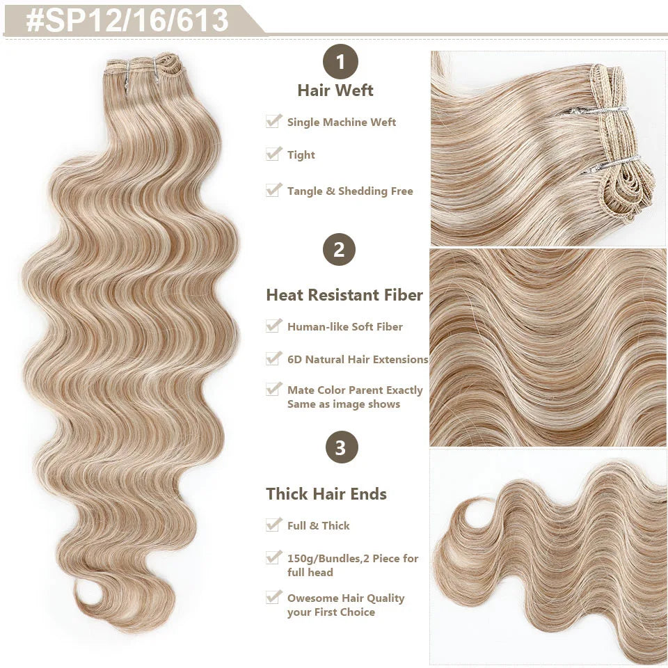 Highlight Gold Bio Body Wave Hair Weave Bundles – 26"/30" Synthetic High Temperature Soft, Natural Human-Like Fiber Hair Extensions