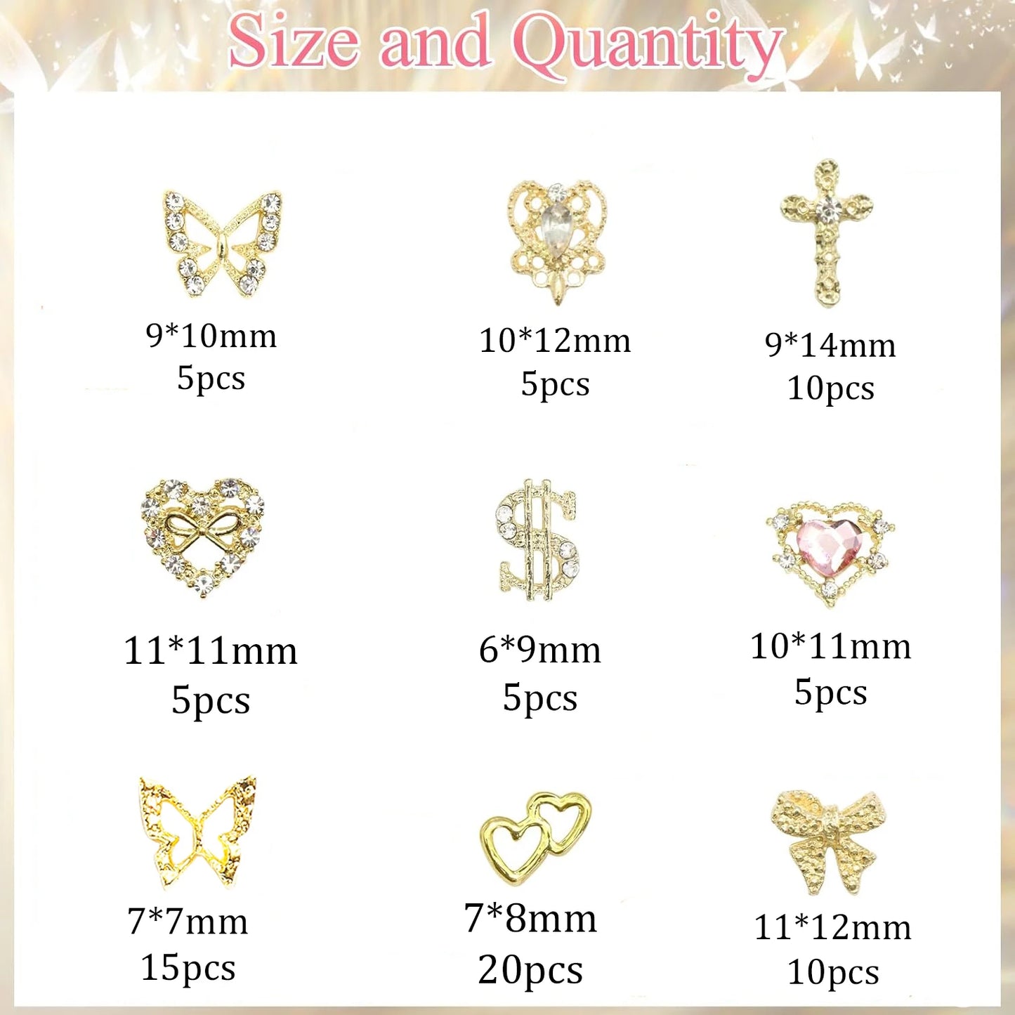 80PCS Gold Nail Charms - 12 Shapes including Heart, Butterfly, Cross, & Shiny Money Sign, 3D Alloy Nail Decorations