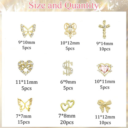 80PCS Gold Nail Charms - 12 Shapes including Heart, Butterfly, Cross, & Shiny Money Sign, 3D Alloy Nail Decorations