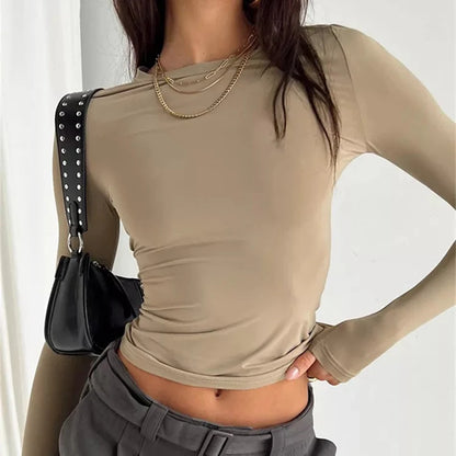 Effortless Chic: Women's Long Sleeve Slim Fit T-Shirt - Spring Autumn Casual Solid Pullover, Y2K Streetwear Crop Top, Basic Tee