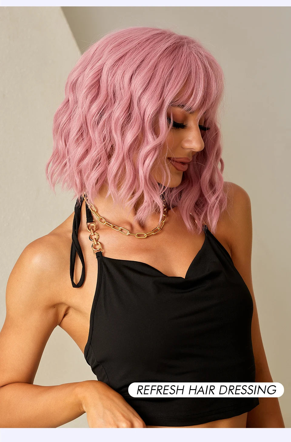 CharmSource Pink BOBO Short Synthetic Wig – Natural Wavy Heat Resistant Hair Wig for Women, Party & Daily Wear