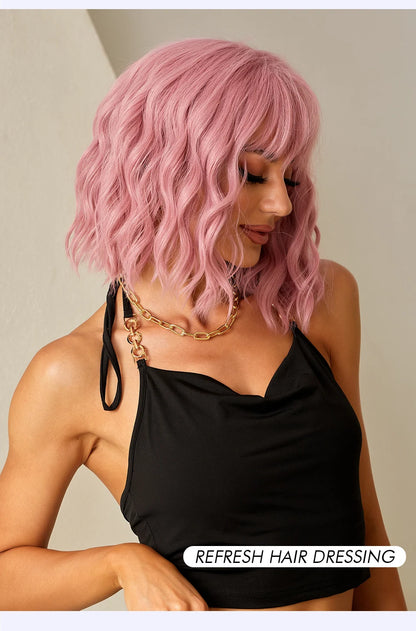 CharmSource Pink BOBO Short Synthetic Wig for Women — Natural Wave, High-Density, Heat-Resistant Hair for Daily & Party